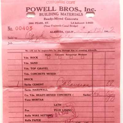 Receipt for materials from Brows Bros., Inc., Building Materials, 1942
