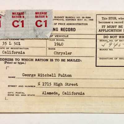 Mileage Rationing Card C1, c. 1941