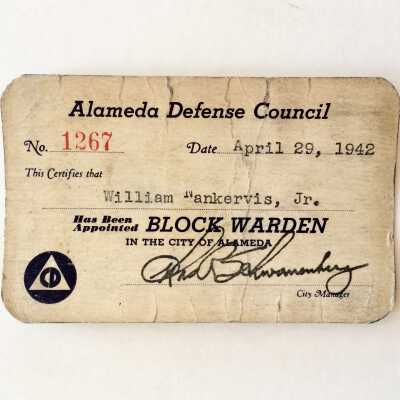 Identification Card William Nankervis, Block Warden, Alameda Defense Council, 1942