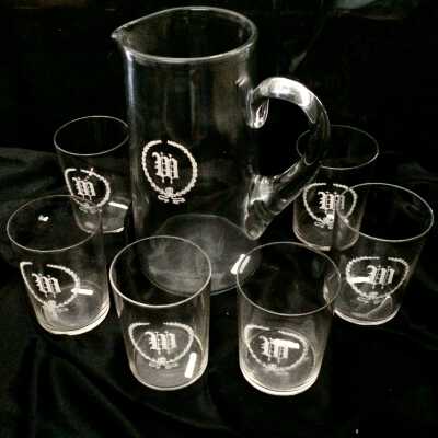 Monogrammed glass pitcher and tumblers set of the Martin family, c. 1920s