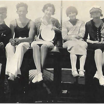 Maurice & son Howard Bernad on boat with girls from Alameda High School. 