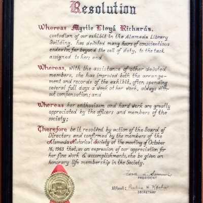 Certificate or 'Resolution' awarded Myrtle Richards, 1963
