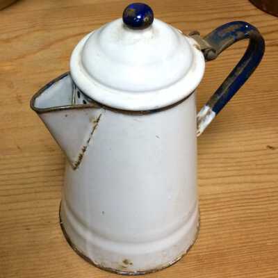 Enameled Coffee or tea pot with hinged lid of blue enamel, c. 1910 to 1920