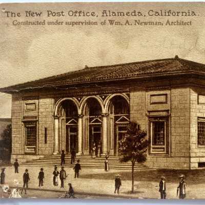 Postcard of Post Office with Christmas message from T. C. Stoddard, 1913-1914