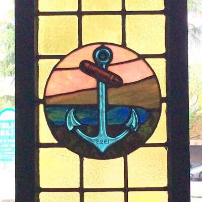 Lancet window with anchor in medallion, West End Methodist Church, c. 1929