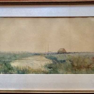 Watercolor of Old Bay Farm Island Bridge and Anderson Wharf, c. early 1900s