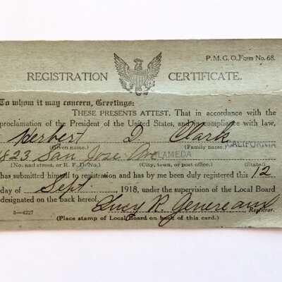 Registration Certificate over 40s during W.W. I for Herbert D. Clark, 1918