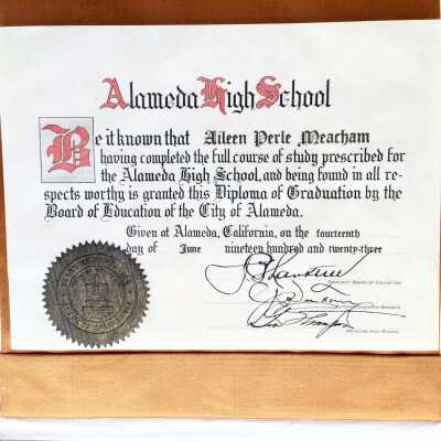 Aileen Perle Meacham Alameda High School Diploma, 1923