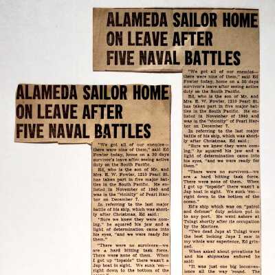Clippings about Ed Fowler, 'Alameda Sailor Home on Leave [...]', 1941-1945