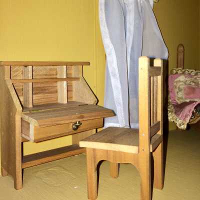 Desk (and chair from kitchen): Desk has drop-down front and mivable drawer
