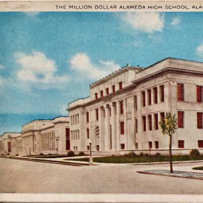 Photo postcard exterior Alameda High School, 1930s