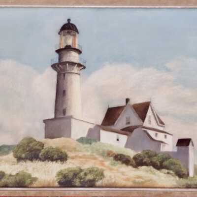 Pastel painting of a lighthouse with outbuildings, by Siegfried, before 1955