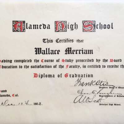 Alameda High School Diploma of Wallace Merriam, 1902