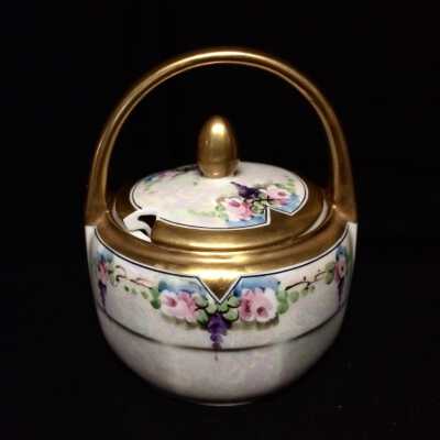 Porcelain lidded jam pot with basket handle painted with pink roses by Jorgensen, c. 1930