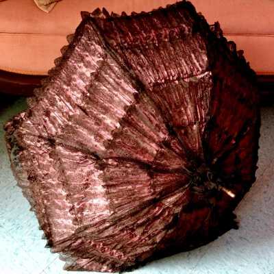 Lavender silk lined parasol with black lace overlay, c. 1900