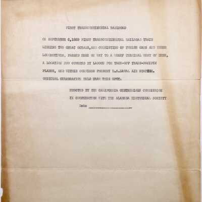 Typed copy of inscription of transcontinental railraod commemorative plaque, 1950-1951