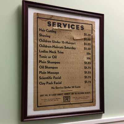 Printed list of prices for Services at Frank's Barber Shop, 1950s
