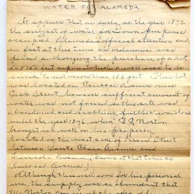 'Water for Alameda', Handwritten History of the Water Company, prior 2001