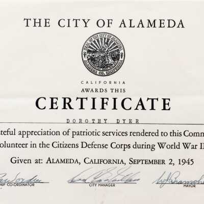 Certificate from City of Alameda to D. Dyer for Citizens' Defense Corps activities, 1945