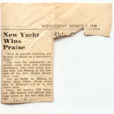Newspaper Clipping about a new sailboat owned by Gustaf Ekberg, 1939