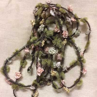 Dress trim with gold colored wire and pink, yellow and green flowers, early 1900s