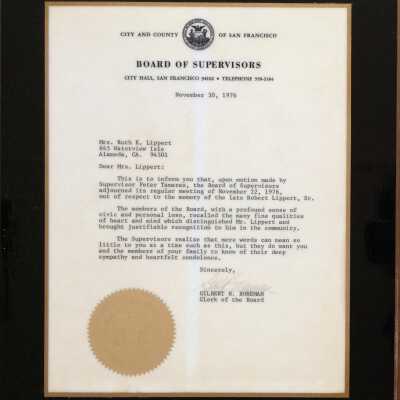 Plasticized plaque of condolences San Francisco Board Supervisors to Mrs. Lippert, 1976