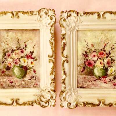 Pair of still life paintings of vases and roses, by Bette De Treville, c. 1950s