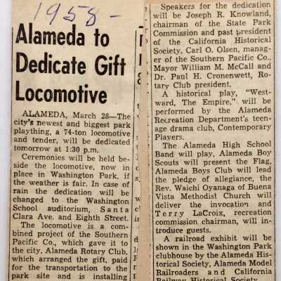 Clipping 'Alameda to Dedicate Gift Locomotive', 1957