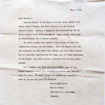 Announcement for dinner at the Masonic Temple, 1951