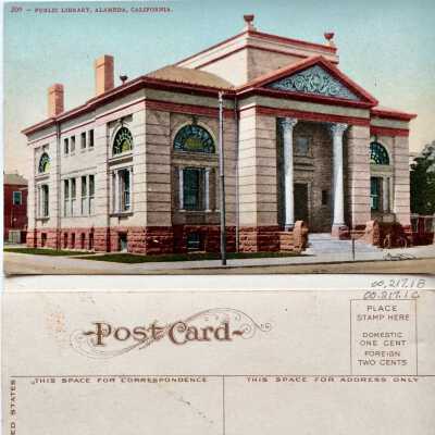 Postcards main facade Alameda Free Library, early 1900s