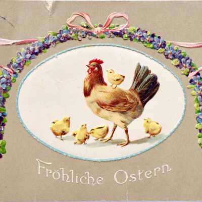 Lithograph Easter postcard of a hen with chicks, 1909