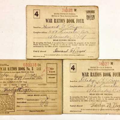 WWII Ration Stamp booklets issued to the Pryor family, 1942-1945