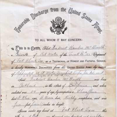 Honorable Discharge form of Frederick Hamlin McDonell, October 1918