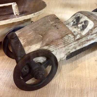 Wooden toy car with copper wheels of Edward Wm Fowler, c. 1921