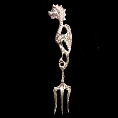 Three-prong silver fork with winged serpent handle, prior 1997
