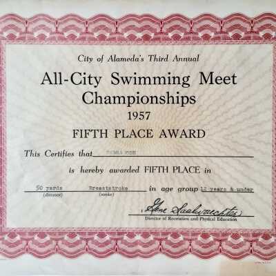 Fifth Place Certificate from All City Swimming Meet of Thomas Fenn, 1957