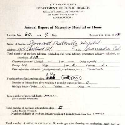Annual Report Tennant's Maternity Hospital to California Dept. of Public Health, 1945