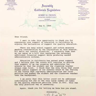 Form letter to the Fenns from Assemblyman R. A. Crown, about education, 1964