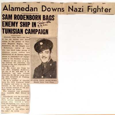 Newspaper clipping Eugene Rodenborn downing Nazi Fighter Plane, 1943