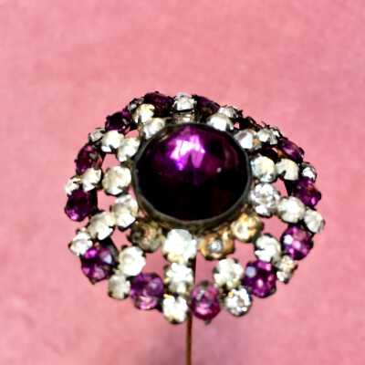 Silver plated hat pin with rhinestones and amethyst glass, c. 1908