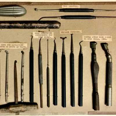 Display of dental instruments used by Dr. Wm Shepherd, c. 1904