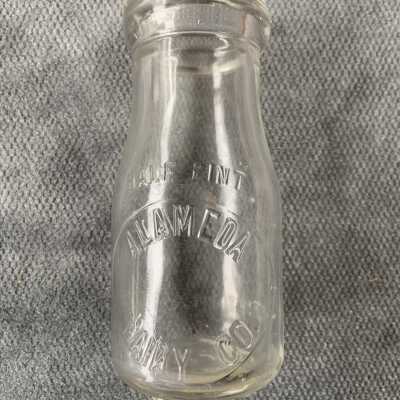 Double Seam clear glass half-pint Alameda Dairy cream bottle, c. 1940s
