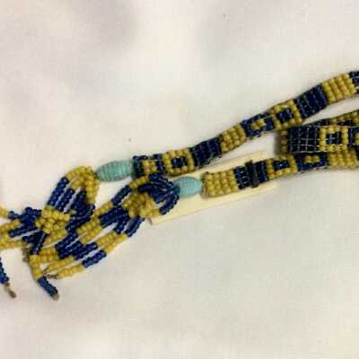 Necklace of woven yellow and blue glass beads, c. 1920s