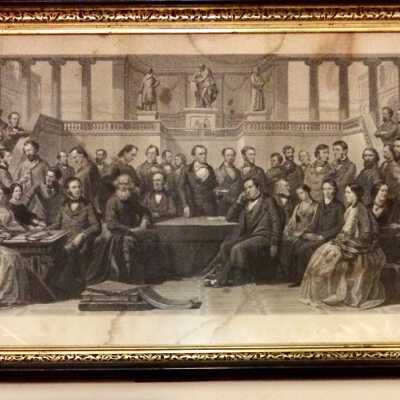 Print of engraving of 19th century authors, and Schematic, c.1866