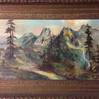 Painting of 'A Mountain and Forest Scene', by Rose L. Krueger, c. 1930s