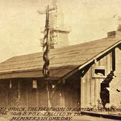 Postcard of Elks Club members checking the Elks Shack, c. early 1900s