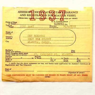 Regsitration form for 'Bird Boat' owned by Gustaf Ekberg, 1937