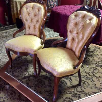 Side chairs with rose silk brocaded and hand carved top rail, c. 1860s