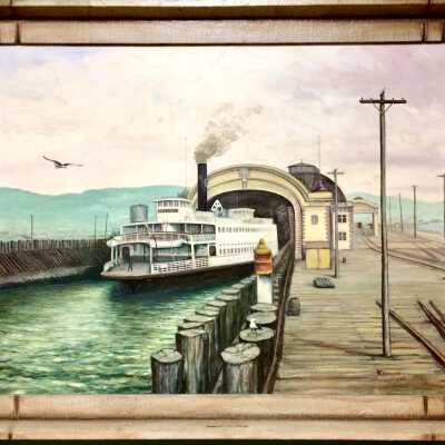 Painting of ferry 'Oakland' at the Alameda Pier, by L.F. Nelson, 1967