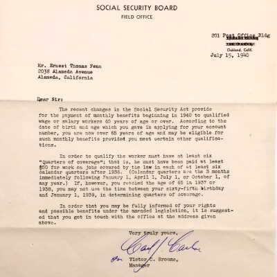 Social Security Board form letter to Ernest Thomas Fenn, 1940